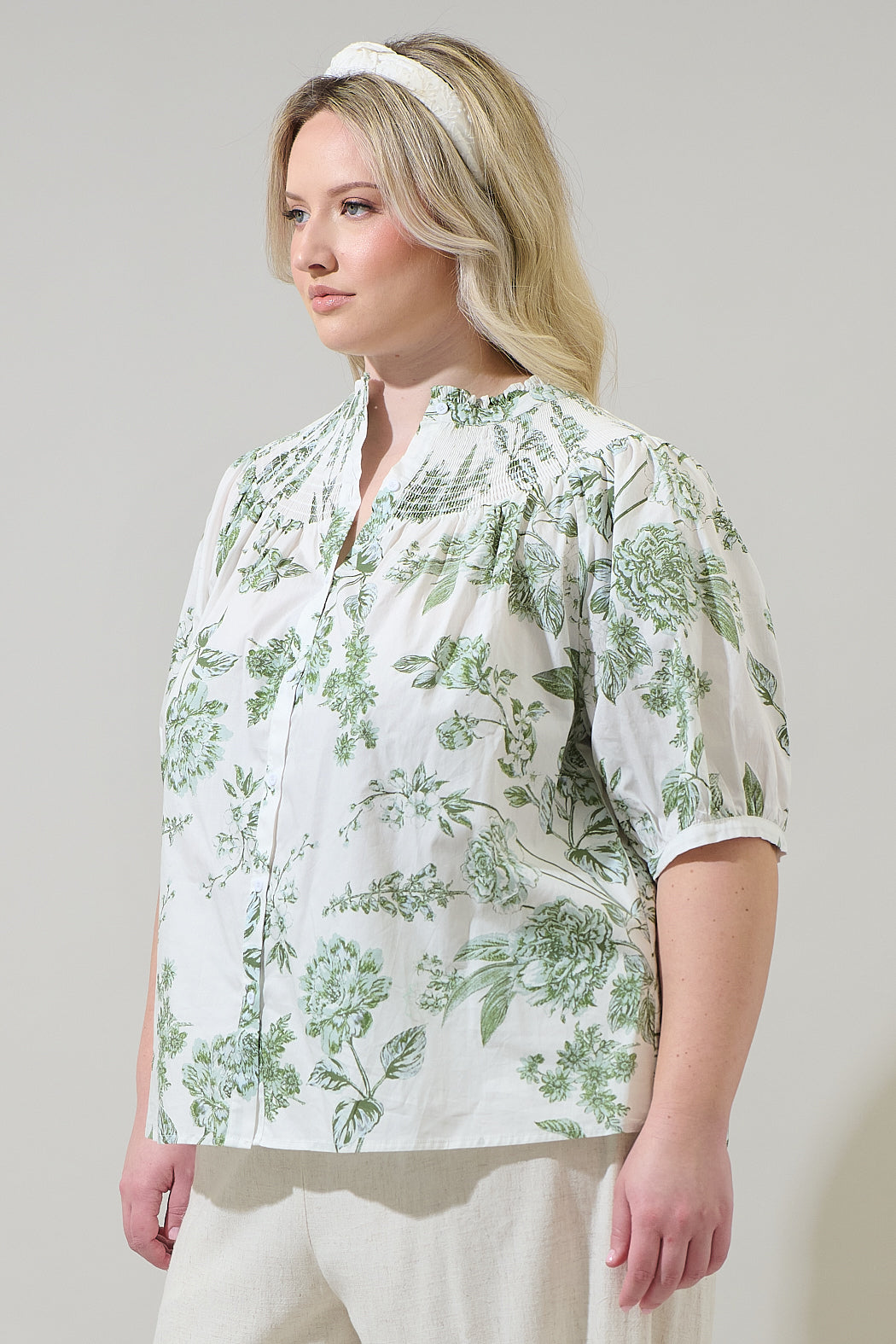 Bria Floral Blossom Smocked Mock Neck Top Curve