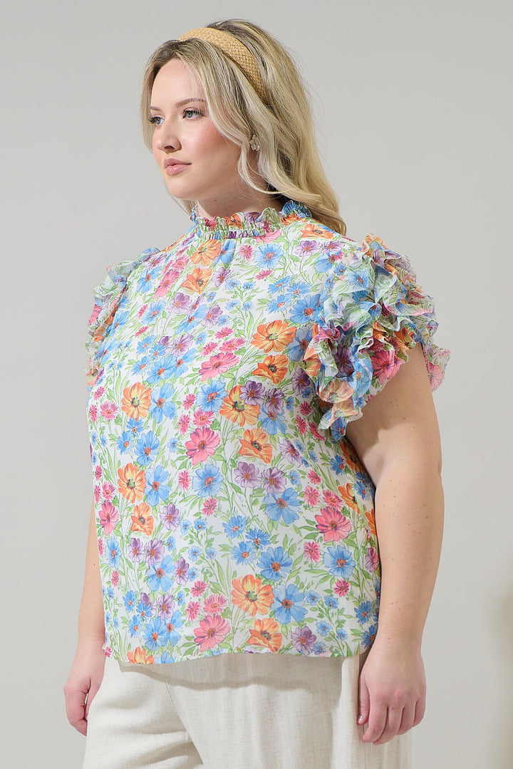 Ezia Garden Brenna Mock Neck Ruffle Blouse Curve