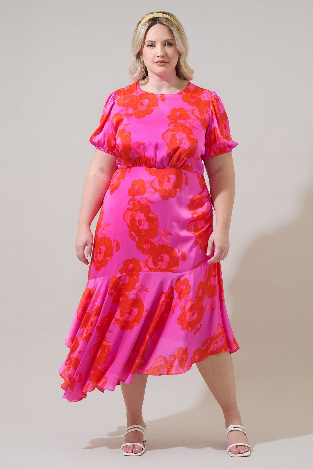 Lailah Floral Balboa Asymmetrical Midi Dress Curve