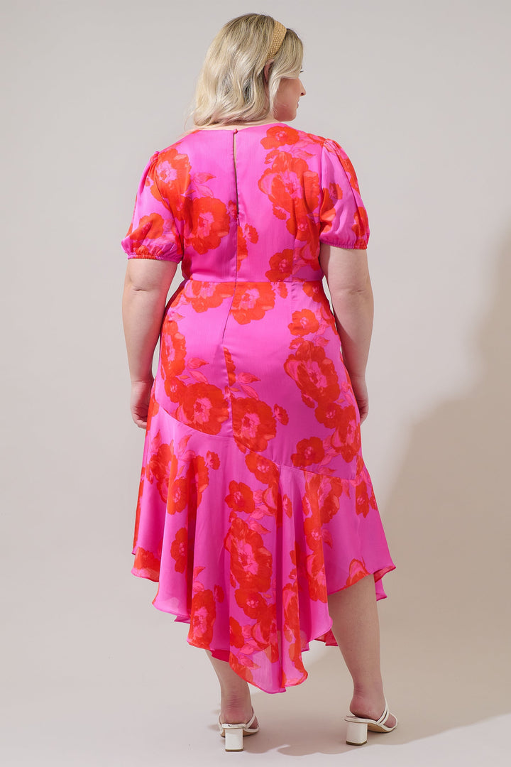 Lailah Floral Balboa Asymmetrical Midi Dress Curve