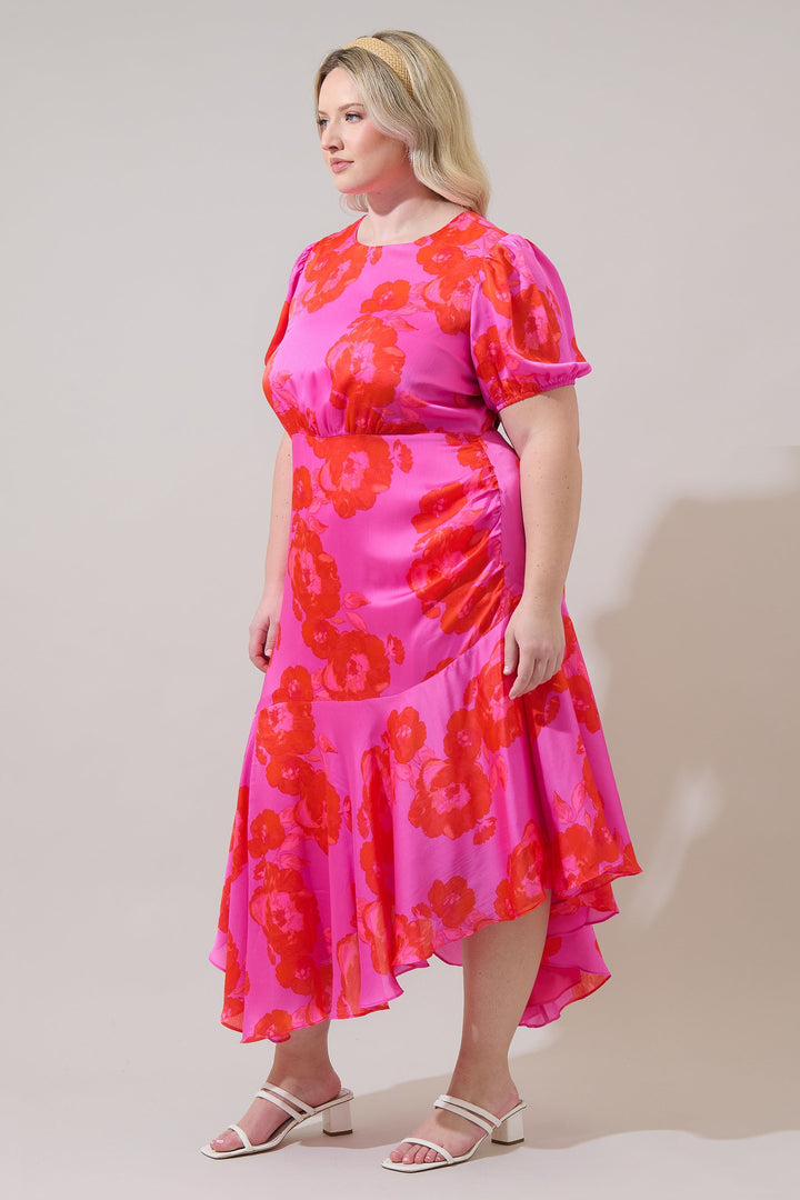 Lailah Floral Balboa Asymmetrical Midi Dress Curve