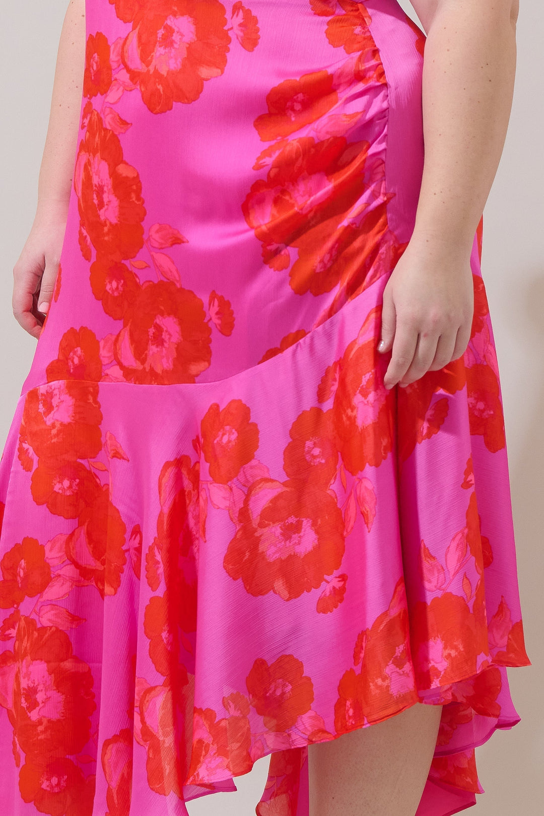 Lailah Floral Balboa Asymmetrical Midi Dress Curve