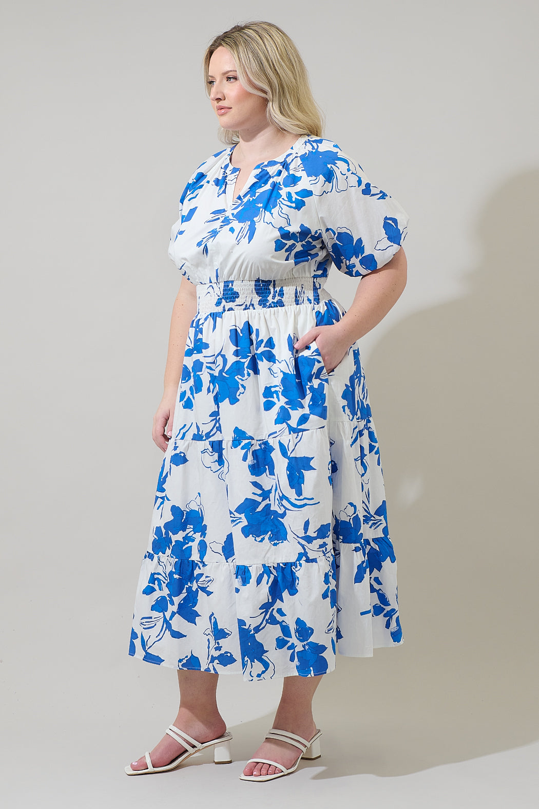 Aby Floral Hacienda Puff Sleeve Midi Dress Curve