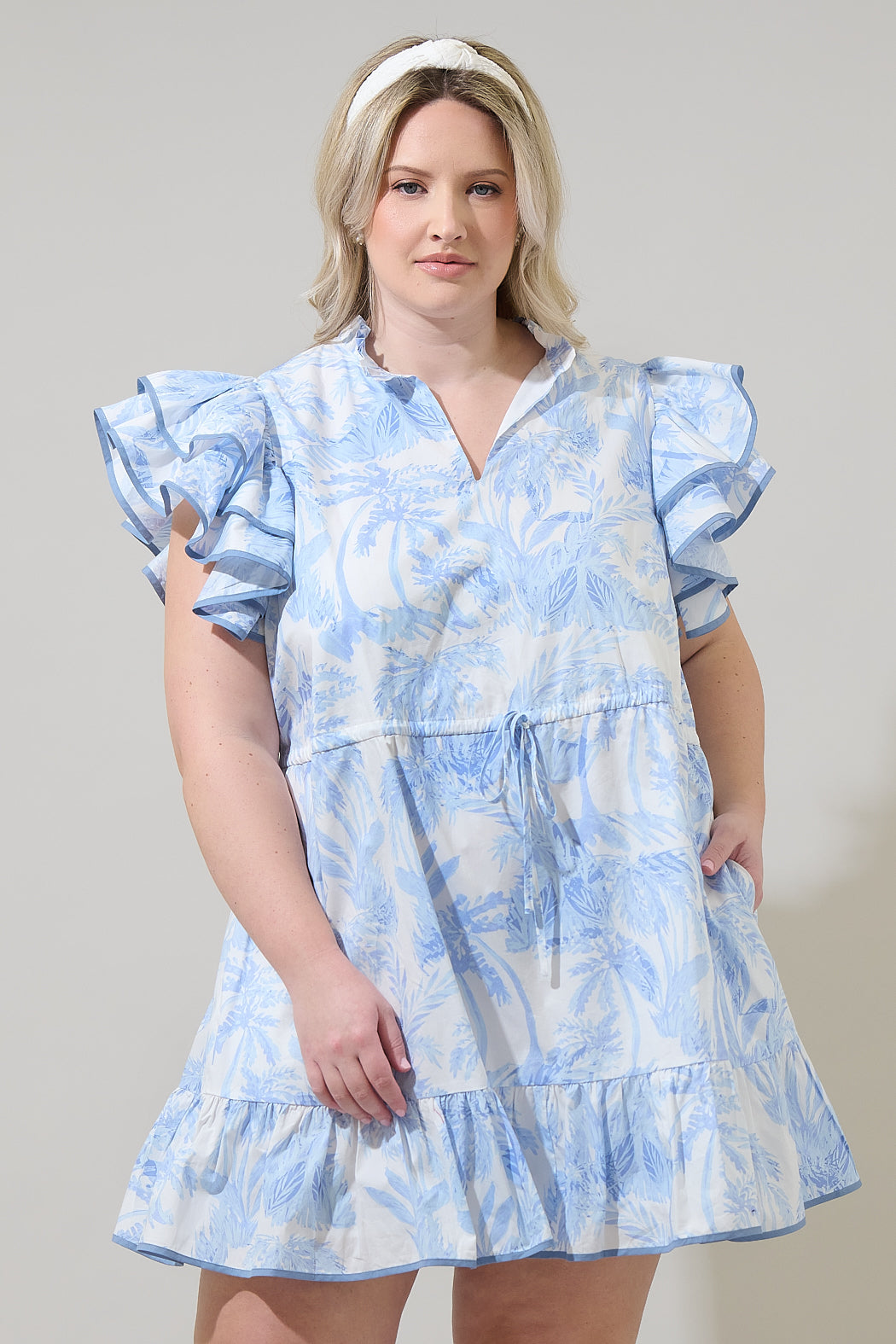 Poly Leaf Alina Ruffle Shift Mini Dress Curve