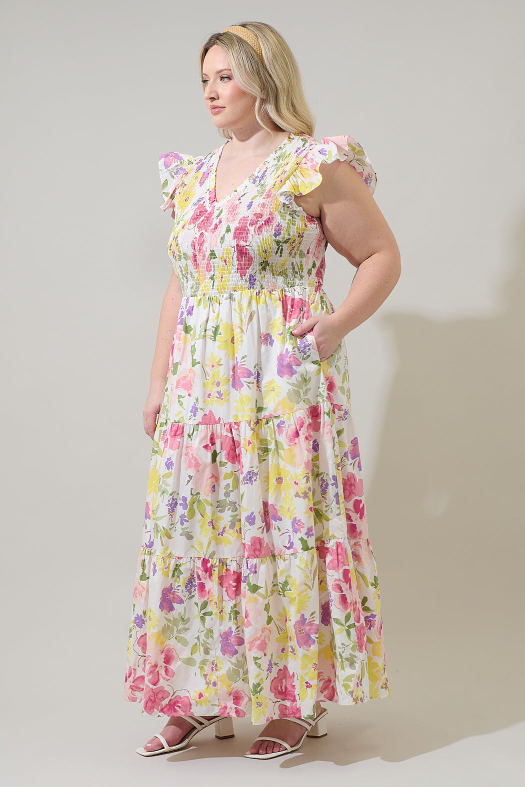 Leonie Floral Sunfire Tiered Midi Dress Curve