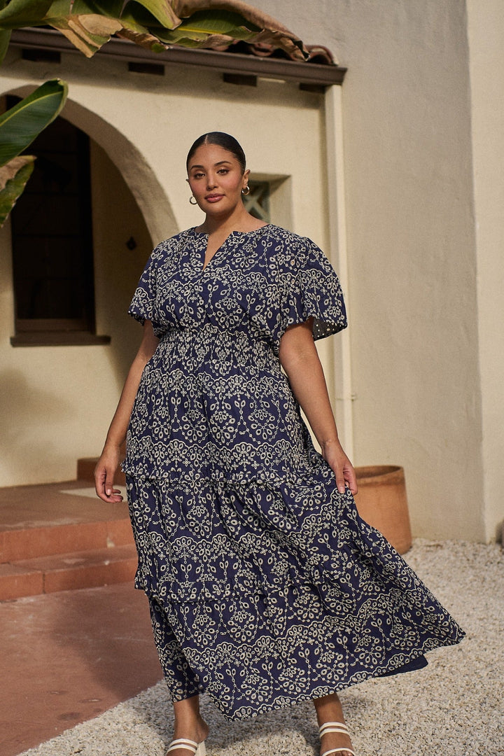 Viridiana Eyelet Palmer Tiered Maxi Dress Curve