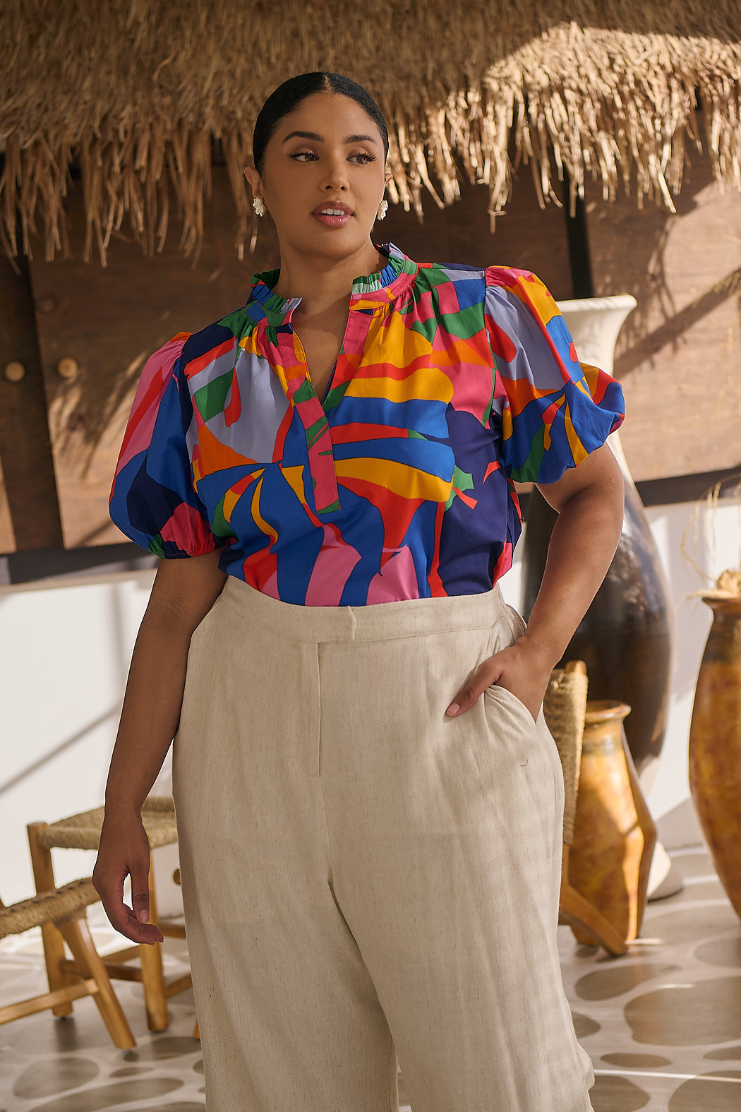 Chroma Abstract Josy Puff Sleeve Top Curve