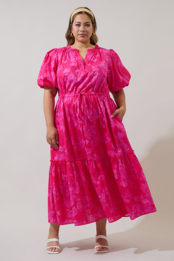 Vacey Floral Ginny Bubble Sleeve Midi Dress Curve