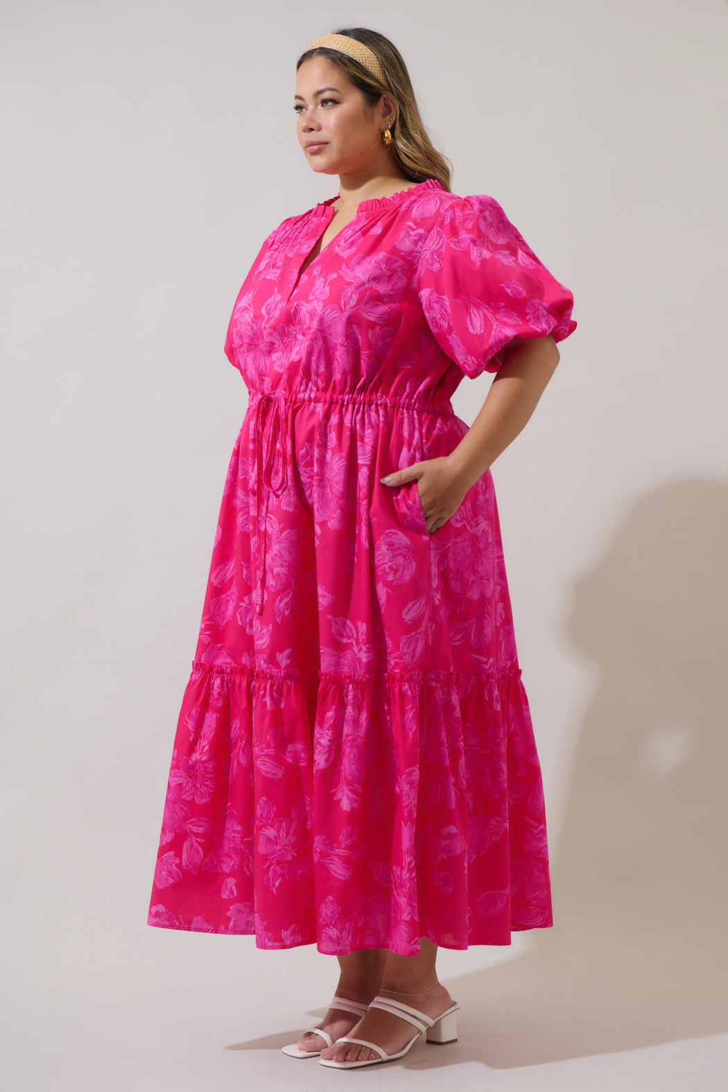 Vacey Floral Ginny Bubble Sleeve Midi Dress Curve