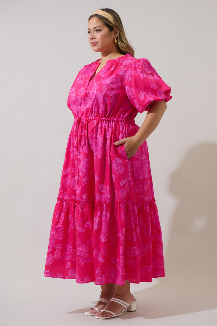 Vacey Floral Ginny Bubble Sleeve Midi Dress Curve