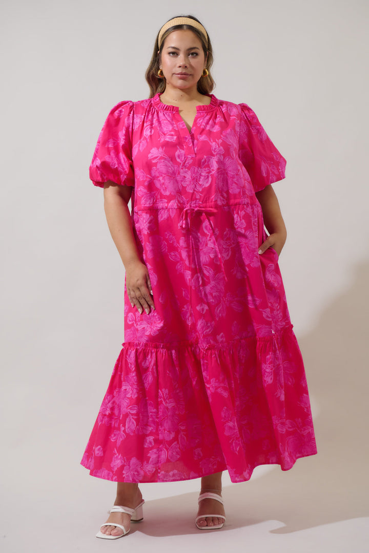 Vacey Floral Ginny Bubble Sleeve Midi Dress Curve