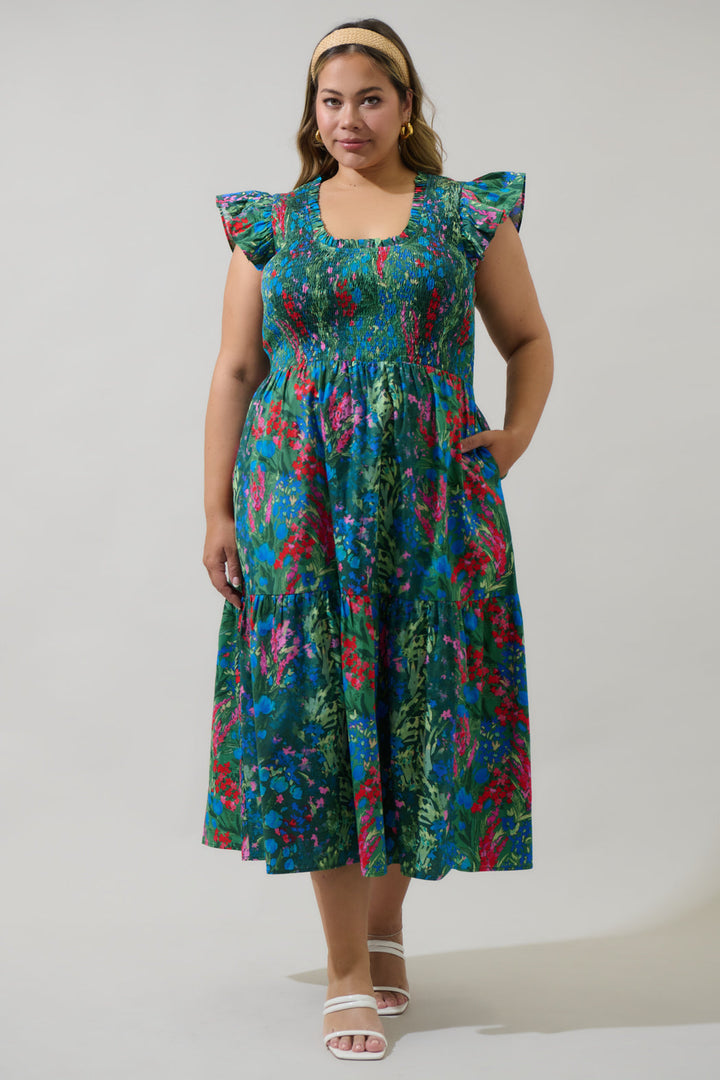 Devin Floral Glare Smock Tiered Midi Dress Curve