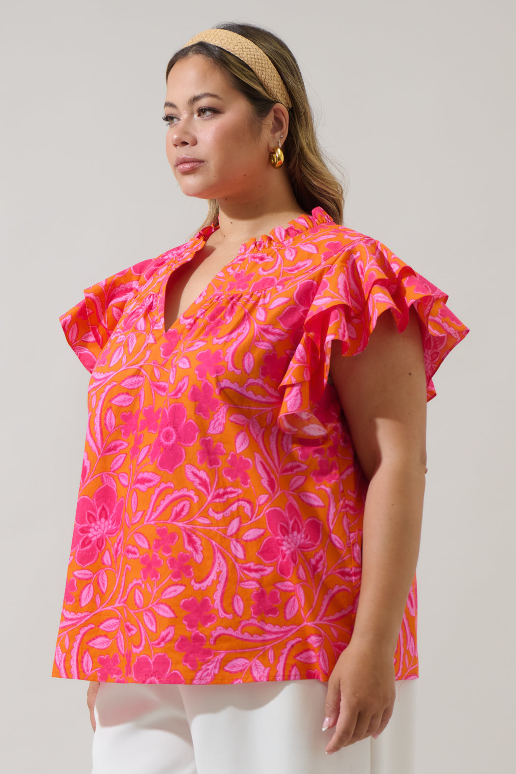 Rea Floral Emery Split Neck Top Curve