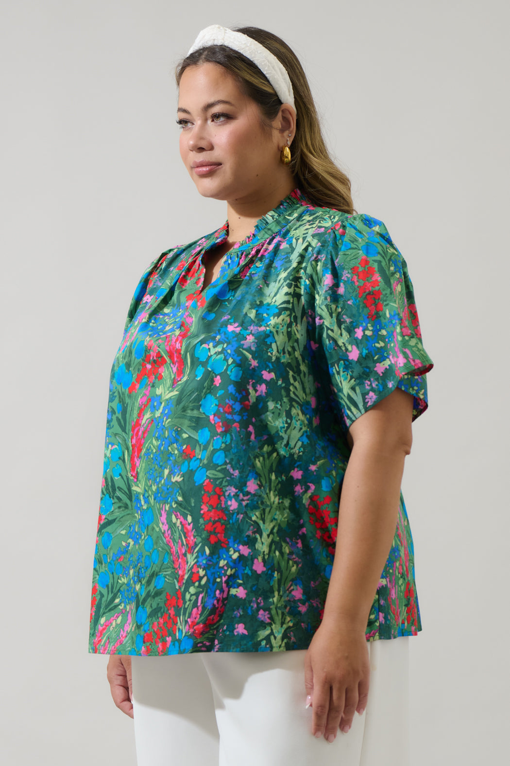Devin Floral Reva Split Neck Top Curve