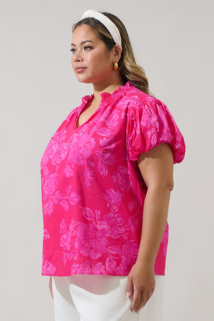 Vacey Floral Poly Smocked Top Curve