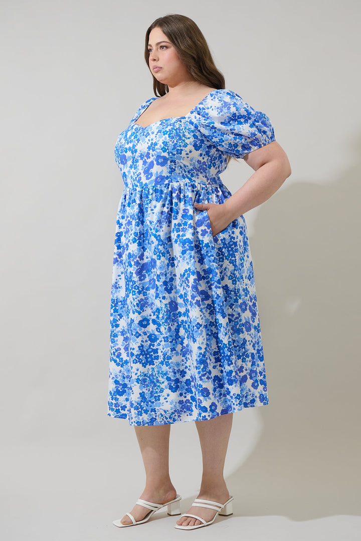 Carli Floral Alessi Puff Sleeve Midi Dress Curve