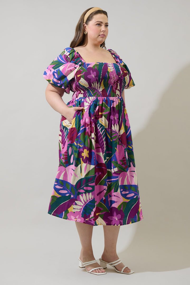 Blain Tropics Maray Smocked Midi Dress Curve