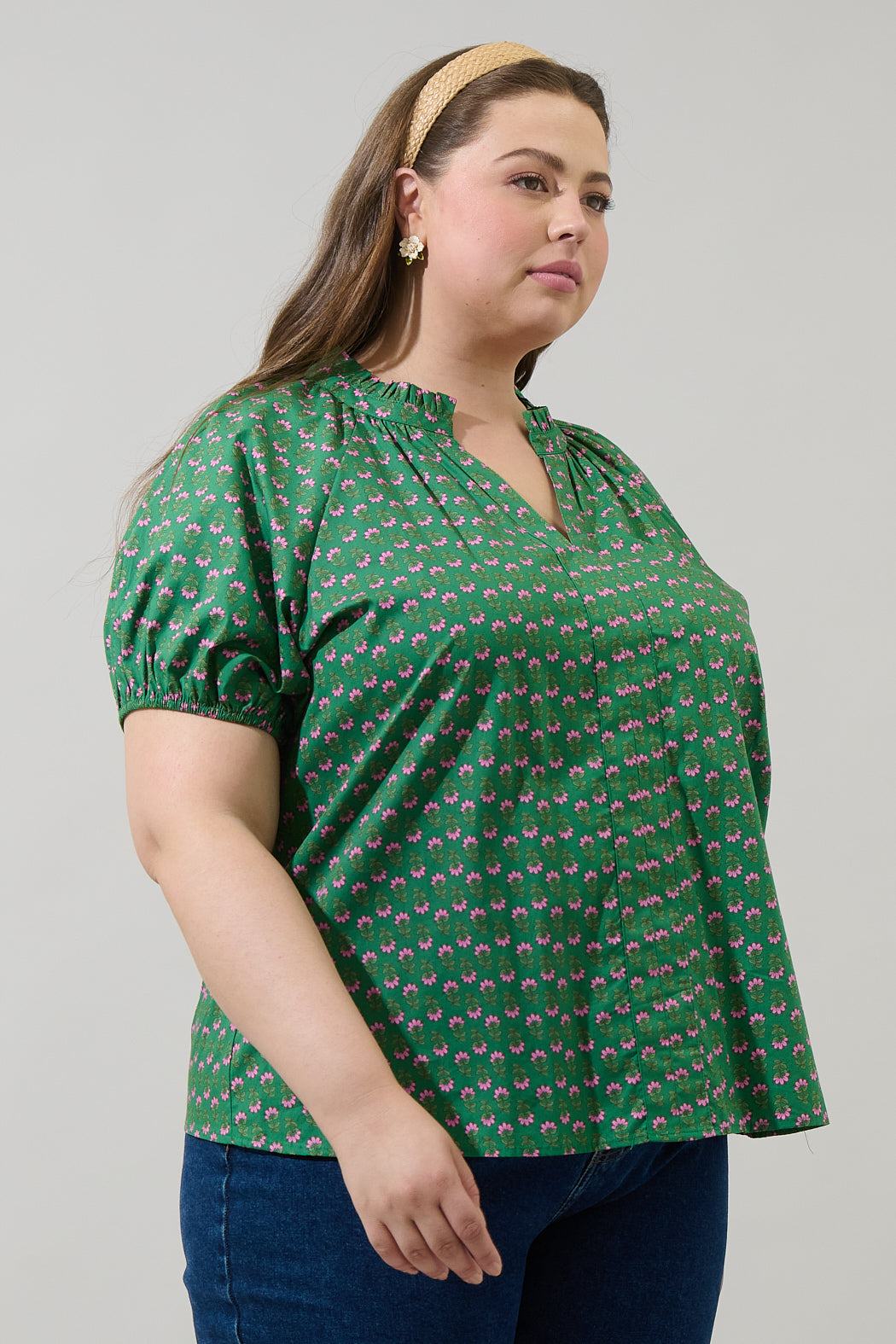 Isha Floral Lena Split Neck Top Curve