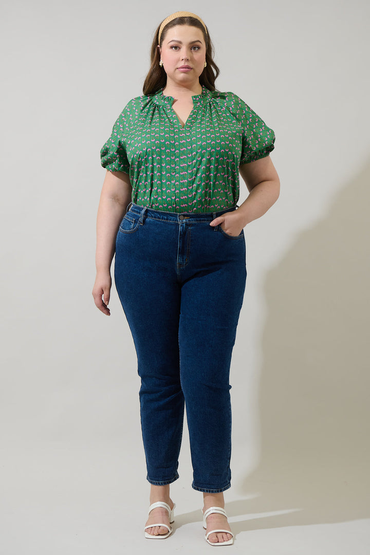Isha Floral Lena Split Neck Top Curve