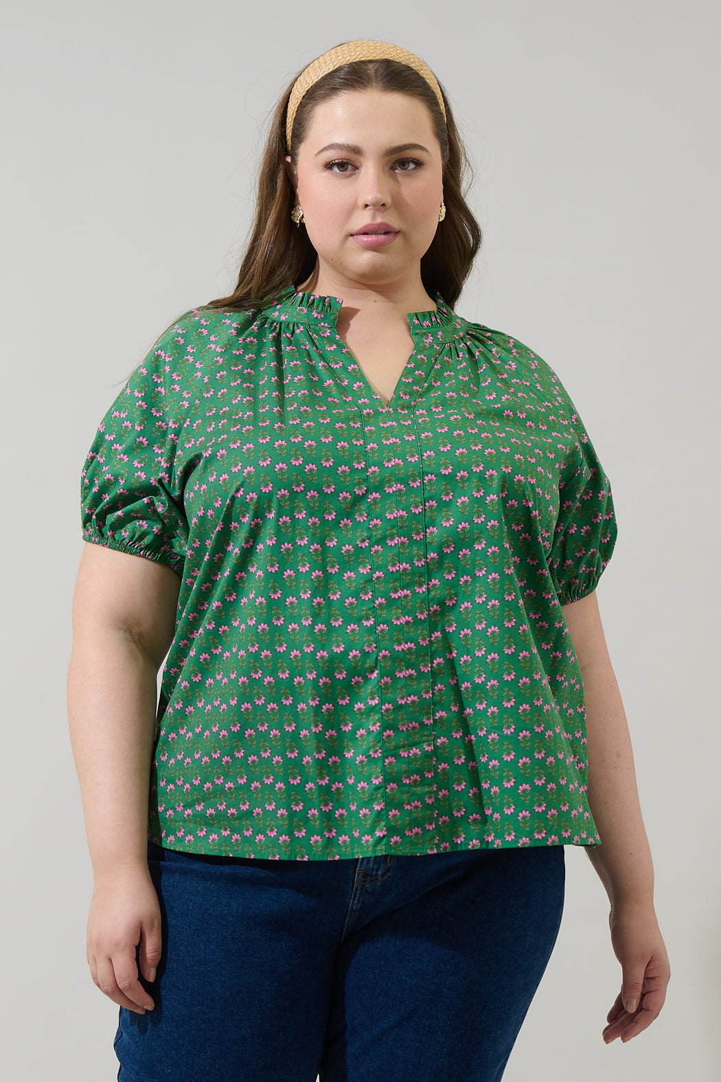 Isha Floral Lena Split Neck Top Curve