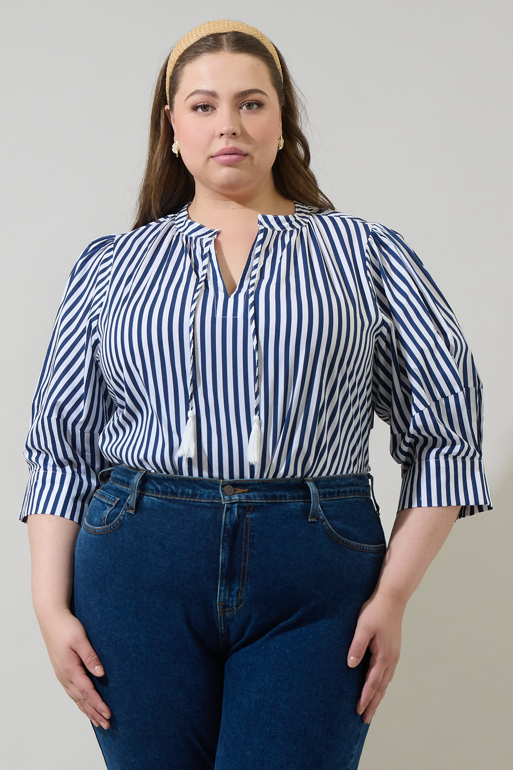 Glenda Stripe Irina Split Neck Top Curve