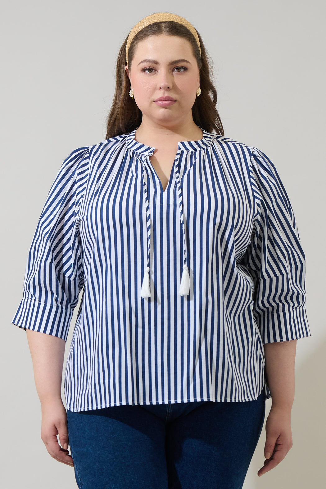 Glenda Stripe Irina Split Neck Top Curve