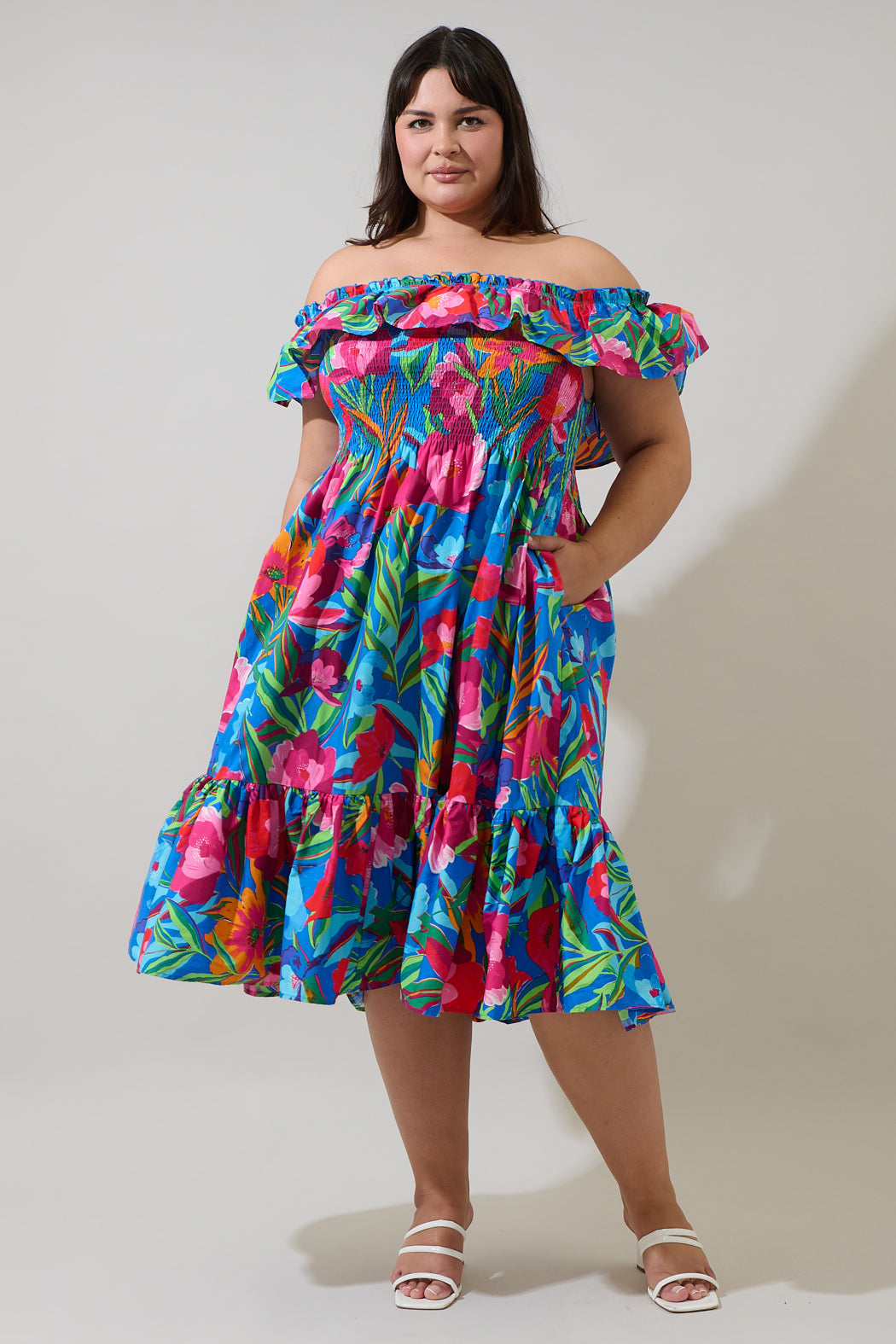 Naima Floral Off the Shoulder Smocked Midi Dress Curve