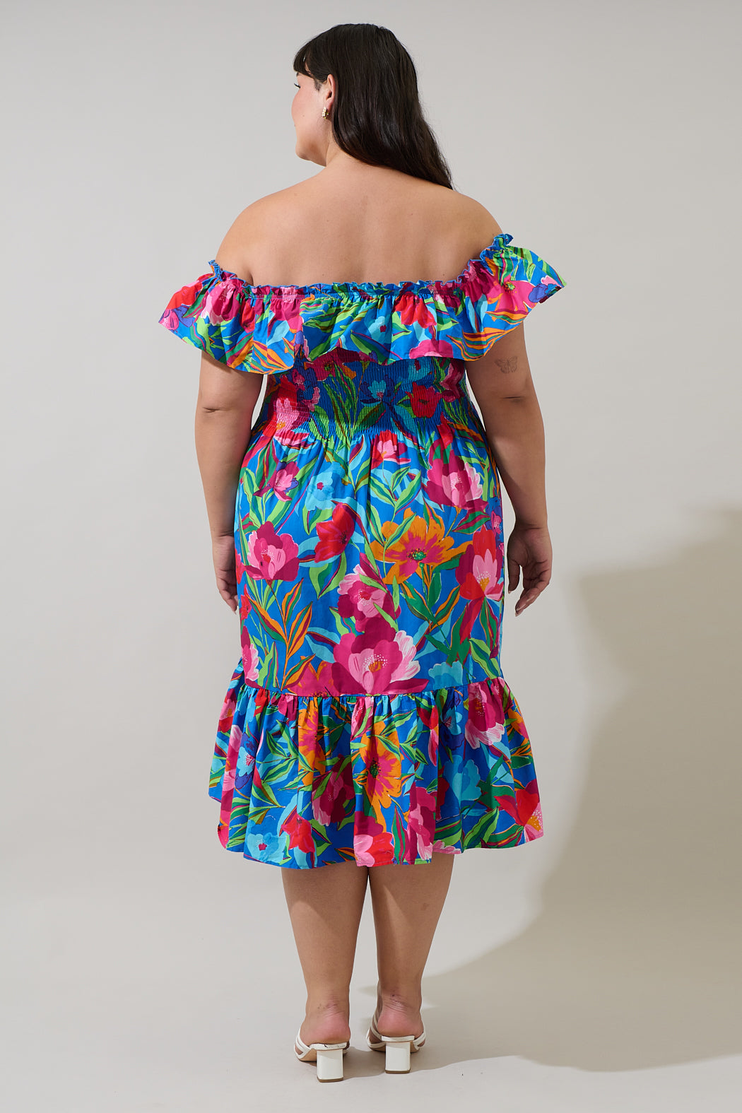 Naima Floral Off the Shoulder Smocked Midi Dress Curve