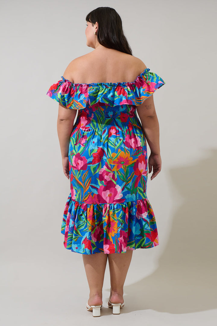 Naima Floral Off the Shoulder Smocked Midi Dress Curve