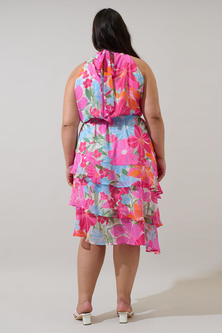 Calista Floral Ivone Ruffle Midi Dress Curve