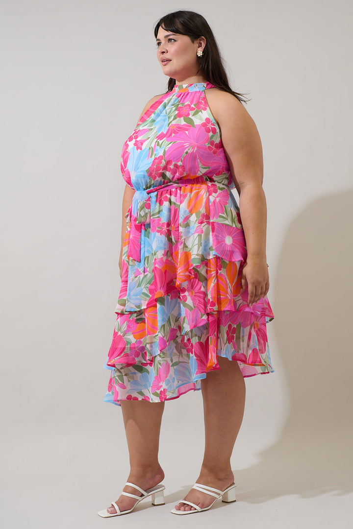 Calista Floral Ivone Ruffle Midi Dress Curve
