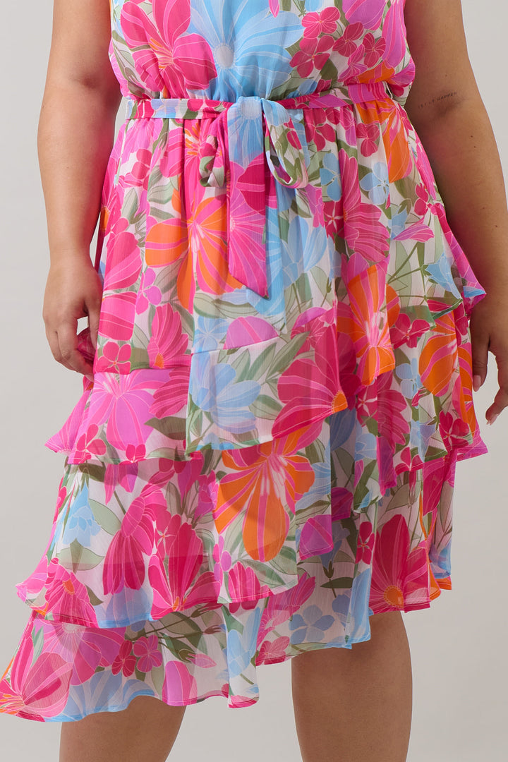 Calista Floral Ivone Ruffle Midi Dress Curve