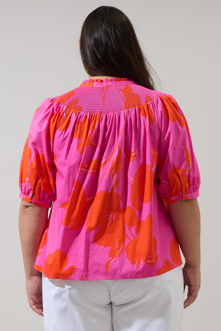 Aurea Floral Blossom Smocked Mock Neck Top Curve
