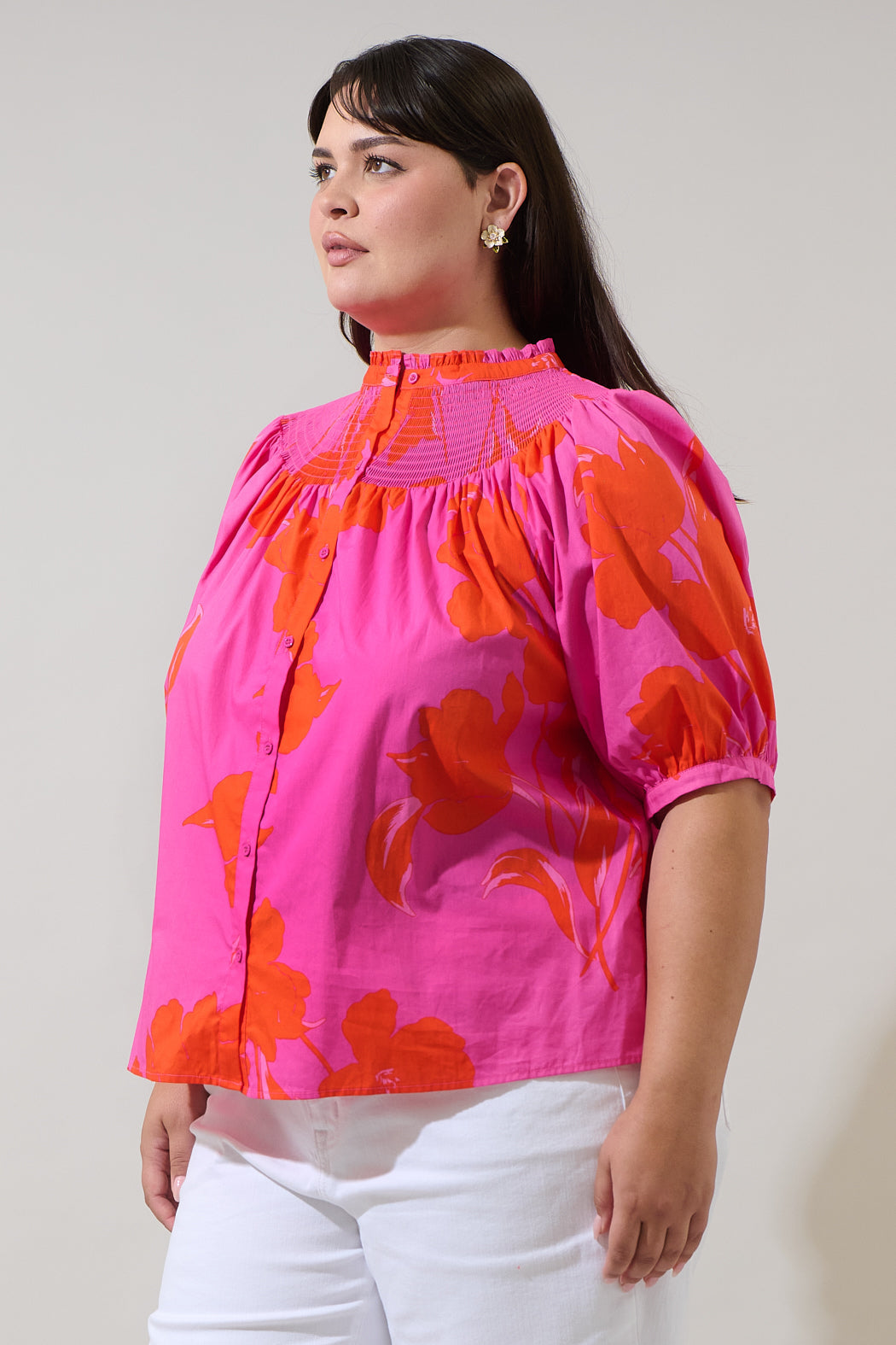 Aurea Floral Blossom Smocked Mock Neck Top Curve