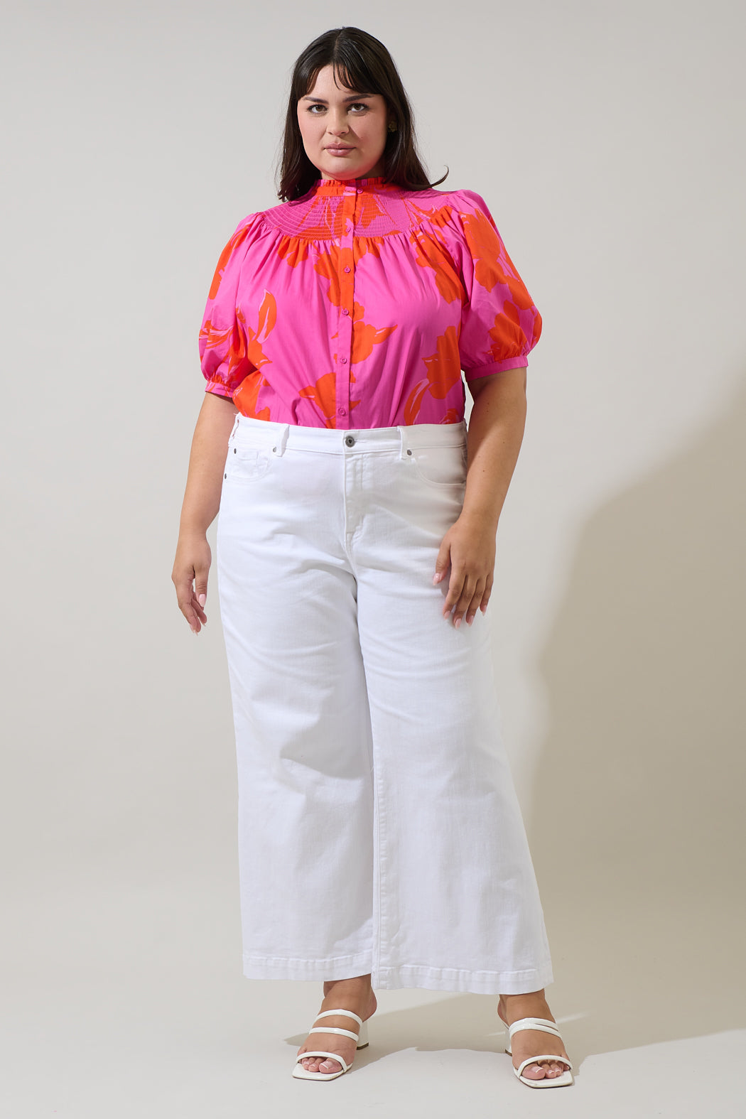 Aurea Floral Blossom Smocked Mock Neck Top Curve