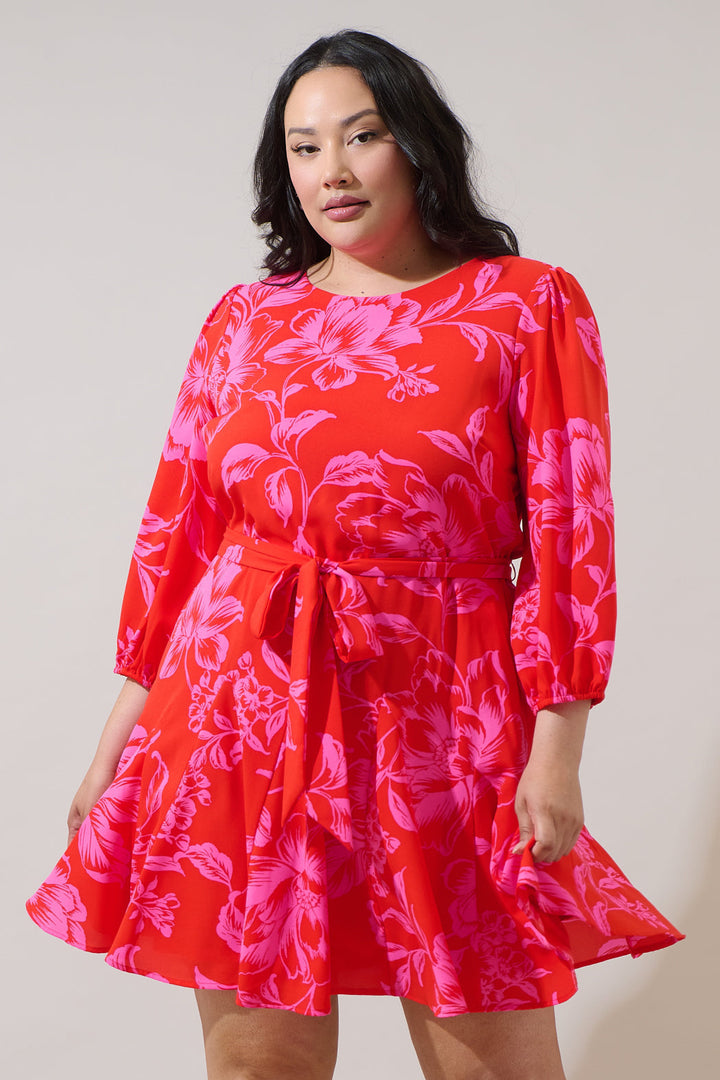 Darline Floral Collins Godet Mini Dress Curve