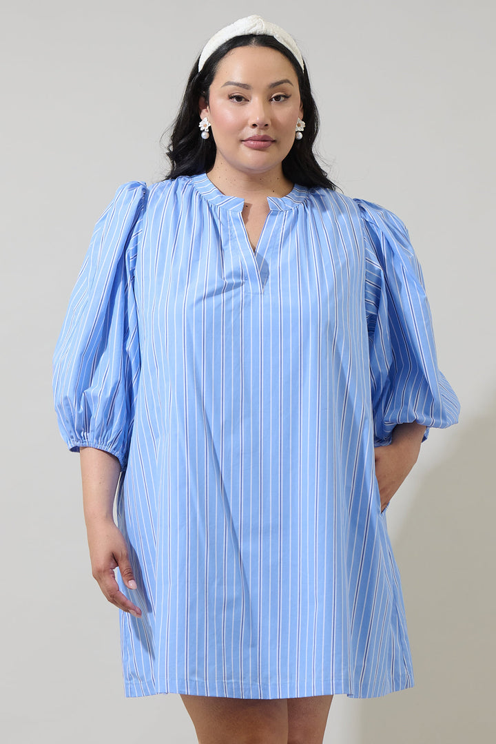 Malaga Striped Victoria Shift Split Neck Mini Dress Curve