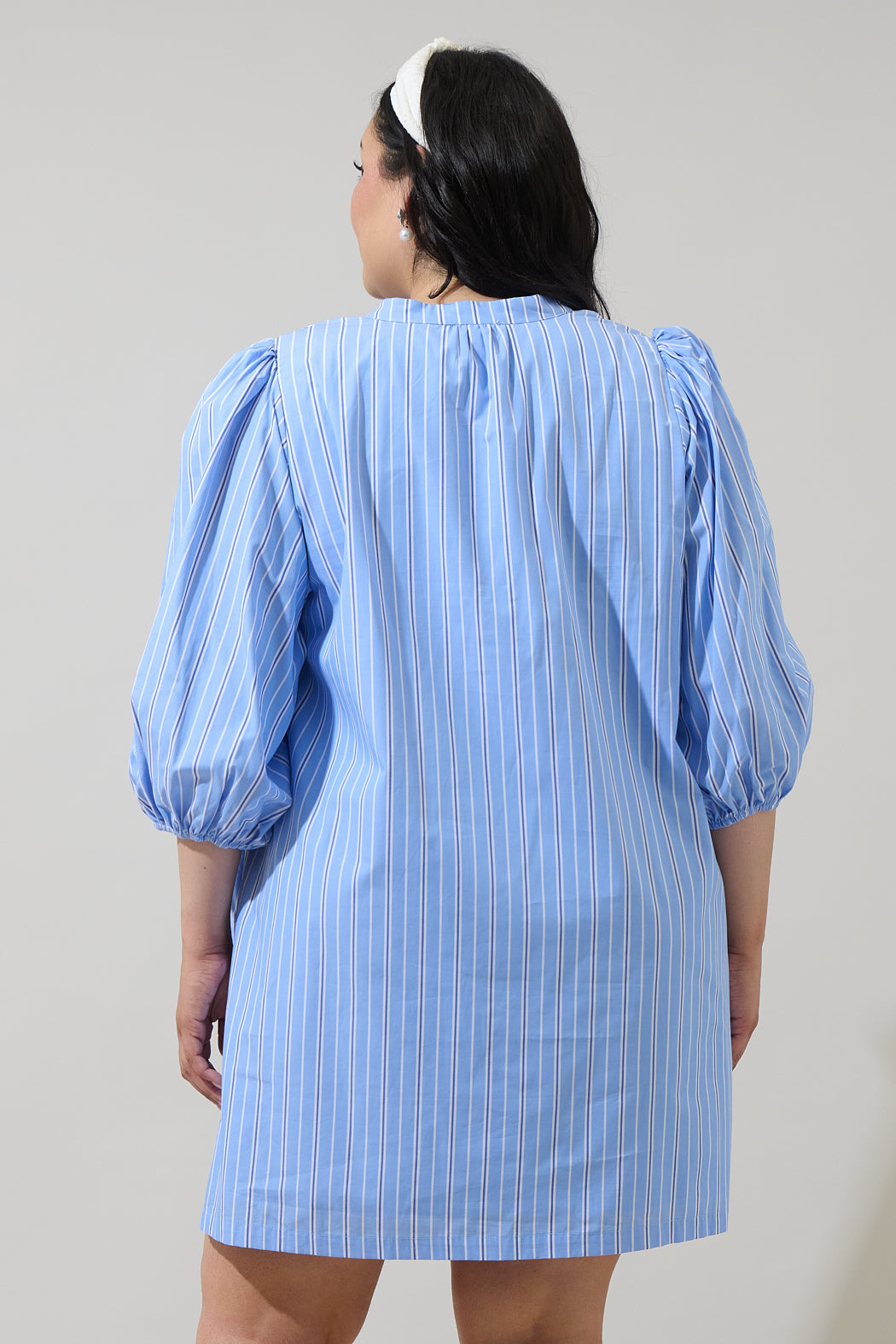Malaga Striped Victoria Shift Split Neck Mini Dress Curve