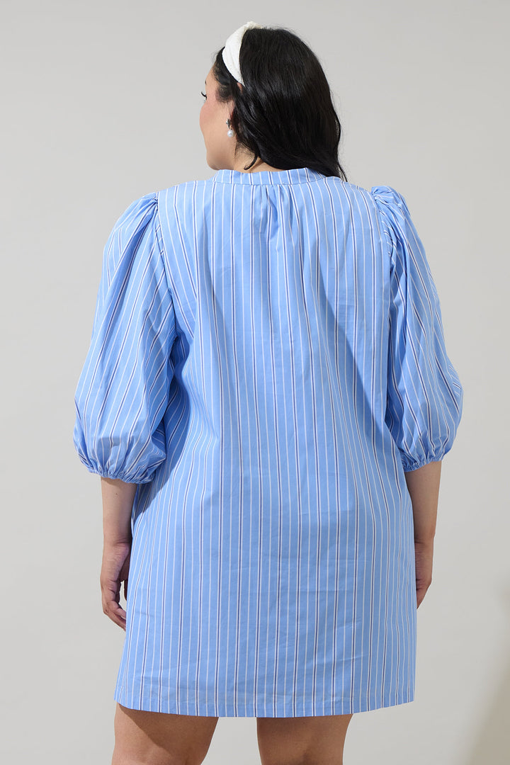Malaga Striped Victoria Shift Split Neck Mini Dress Curve