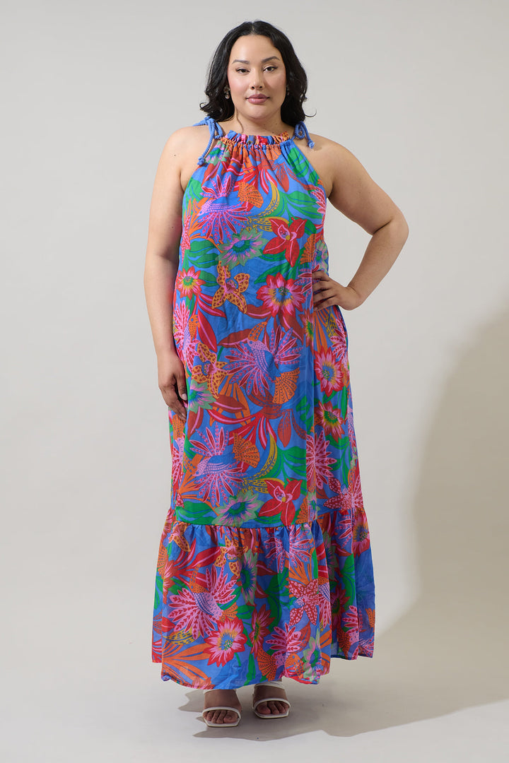 Cindal Floral Kay Halter Neck Maxi Dress Curve
