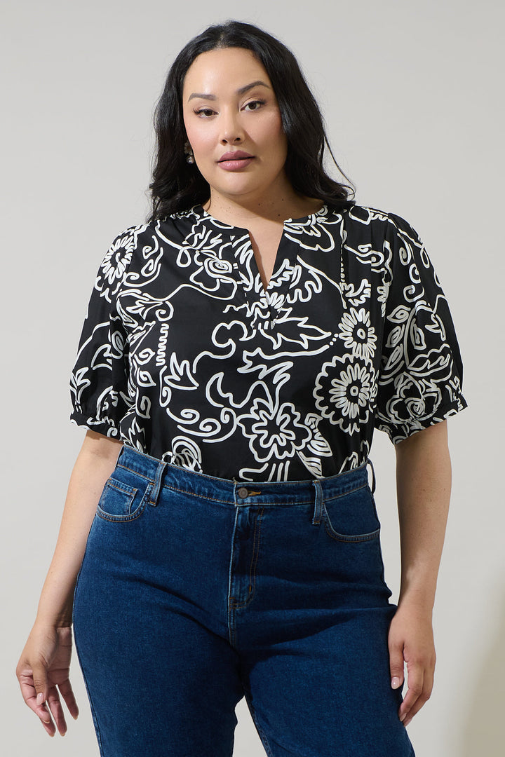 Haylie Floral Neli Split Neck Top Curve
