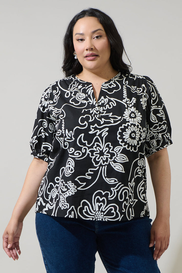 Haylie Floral Neli Split Neck Top Curve
