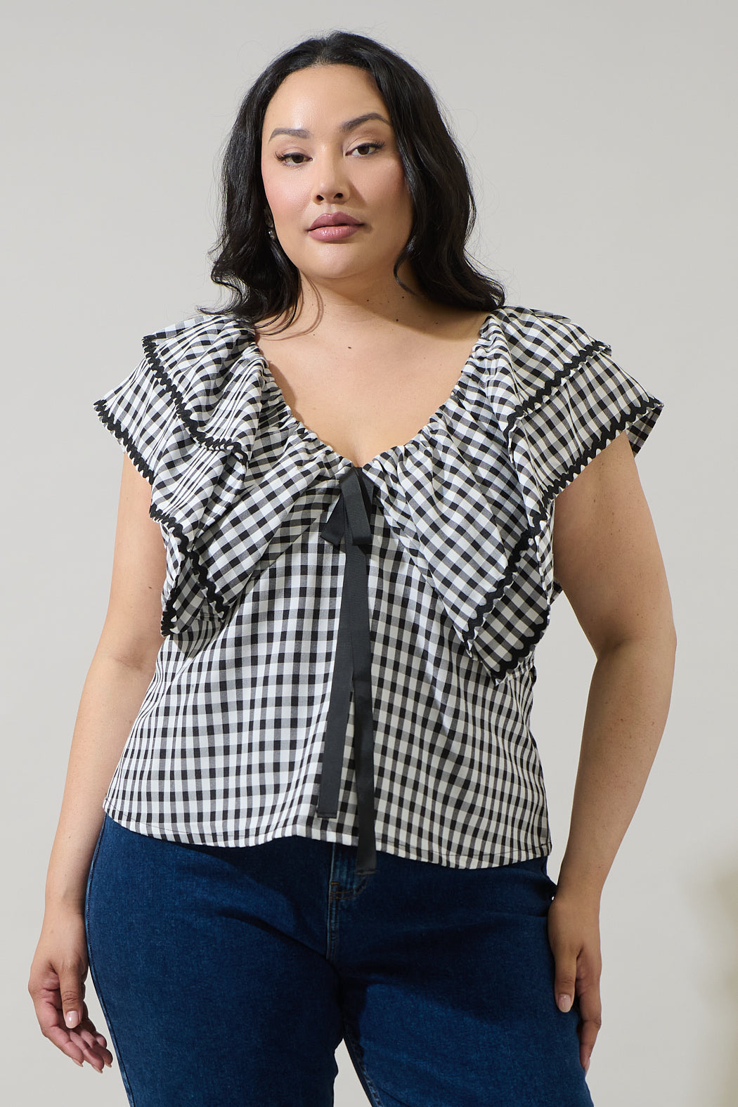 Dovery Gingham Leoti Ruffle Babydoll Top Curve