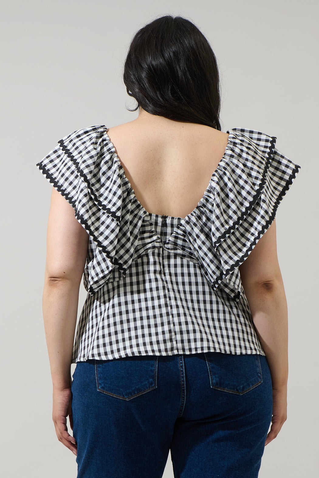 Dovery Gingham Leoti Ruffle Babydoll Top Curve
