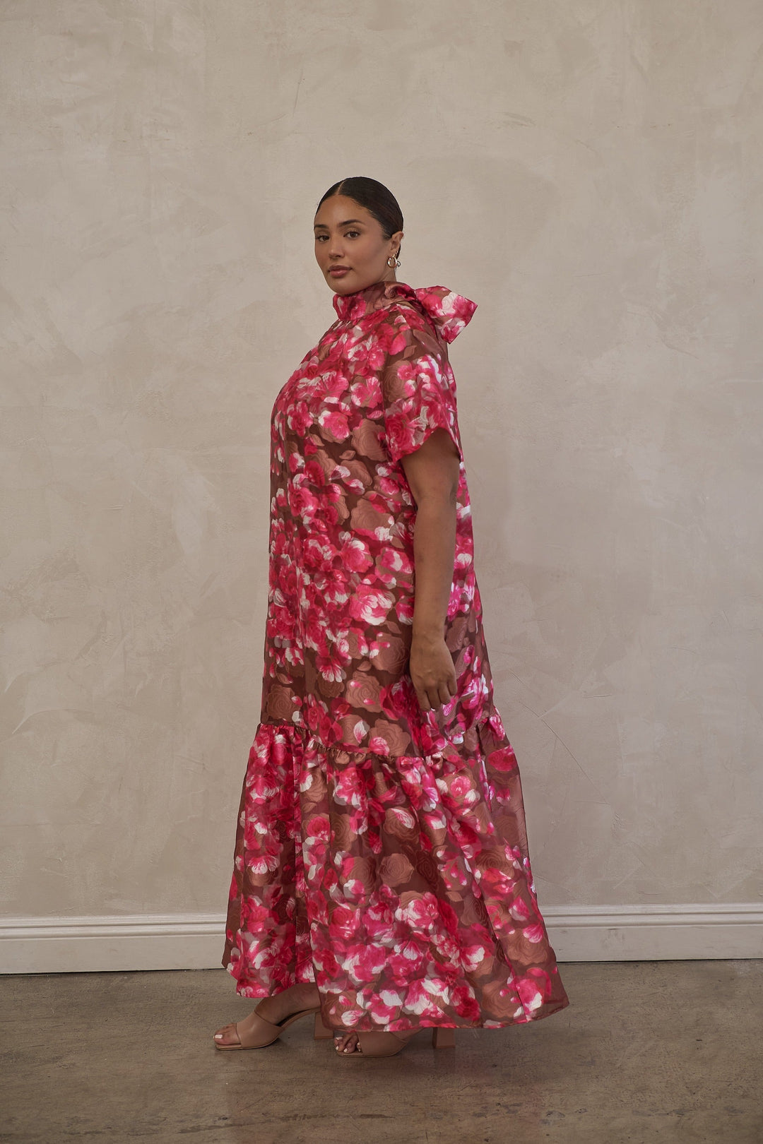 Mersin Floral Dime Organza Mockneck Maxi Dress Curve