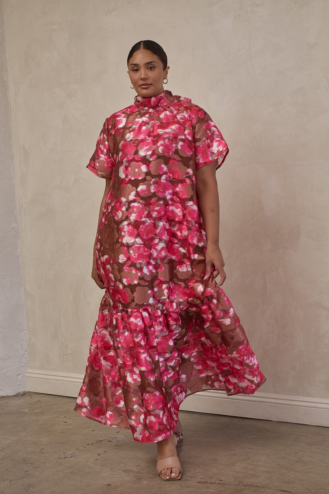 Mersin Floral Dime Organza Mockneck Maxi Dress Curve