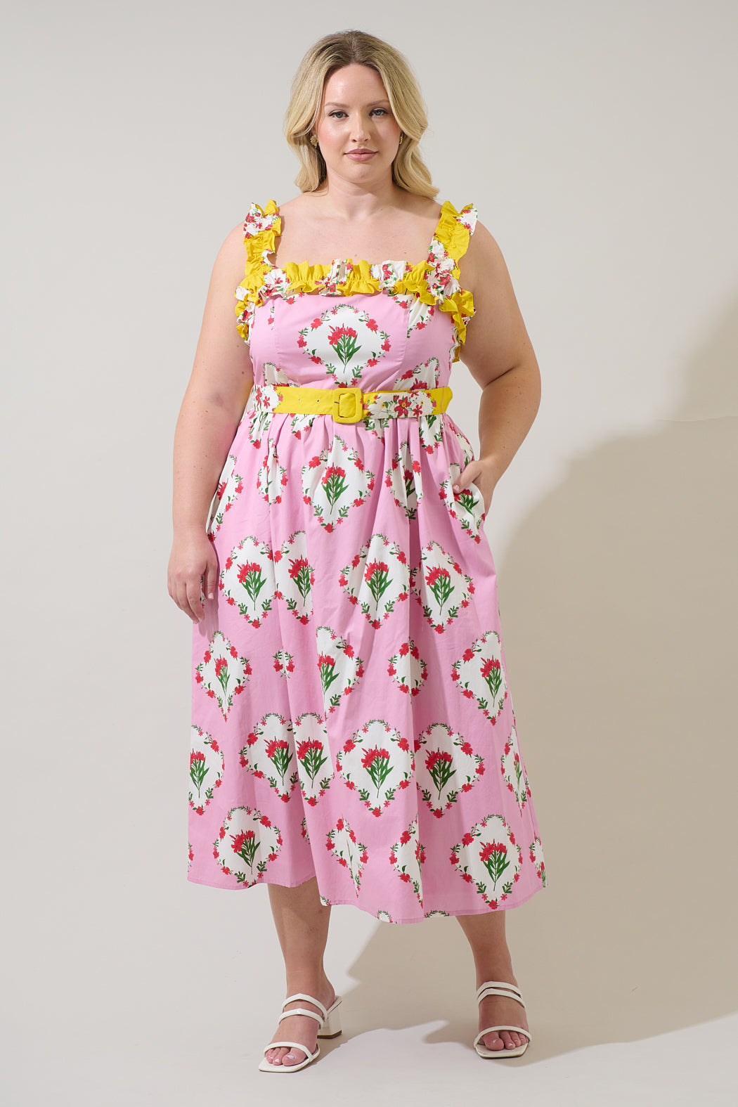 Maia Floral Strapless Ruffle Midi Dress Curve