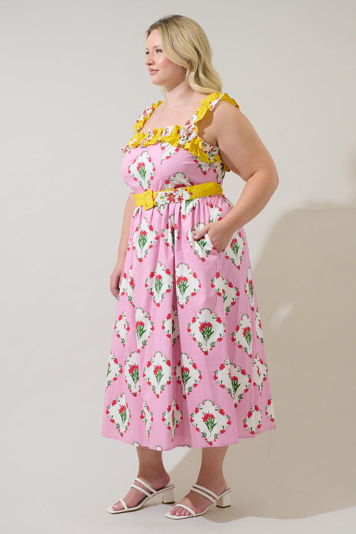 Maia Floral Strapless Ruffle Midi Dress Curve