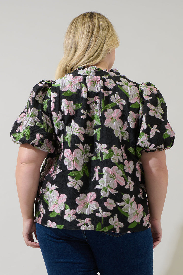 Elsinore Floral Jacquard Split Neck Top Curve