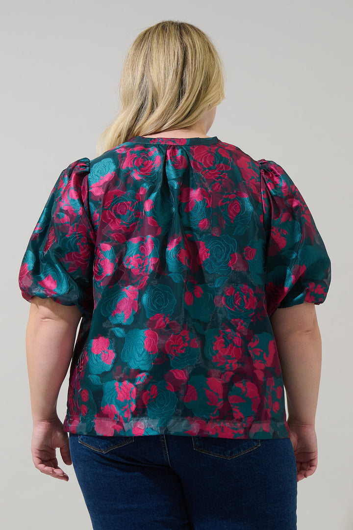 Kaelani Jacquard Tavia Split Neck Top Curve